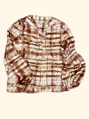 EUC Nine West Pink & Brown Watercolor Plaid Peasant Blouse